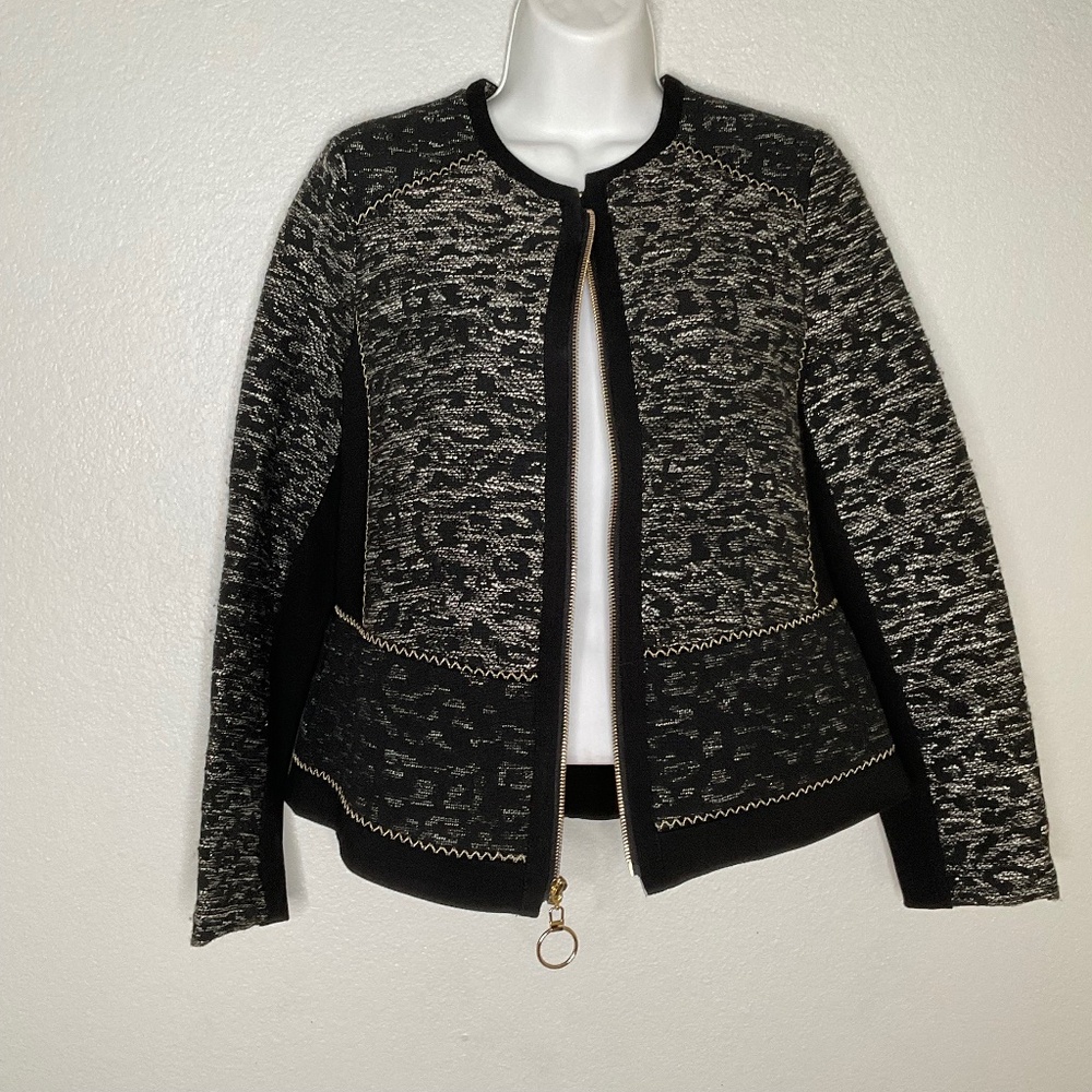 Chicos jacquered jacket blazer suit black & white gold accents tweed mixed
